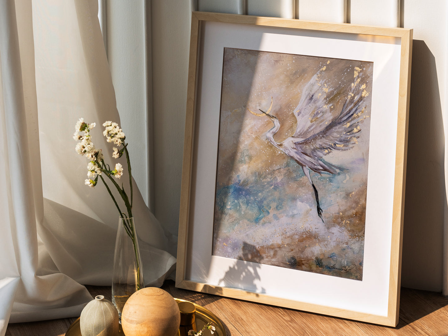 "Flying Crane " -  Original Mix Media Painting