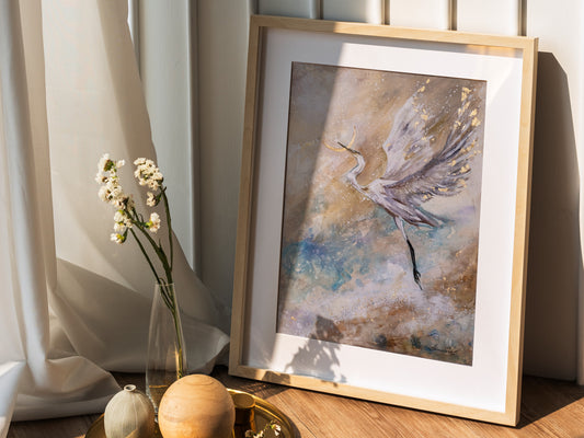 "Flying Crane " -  Original Mix Media Painting