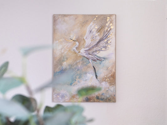 "Flying Crane " -  Original Mix Media Painting